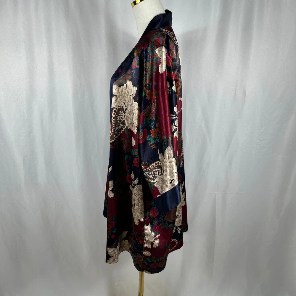 Vintage California Dynasty Silky Robe Large L Floral Paisley Kimono Duster Open